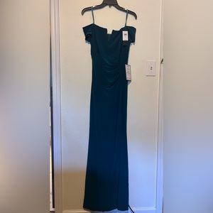 Xscape Off the Shoulder Long Ruched Gather Gown